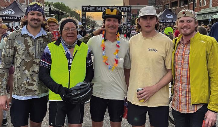 100 mile participants pose for a photo at the start line. Pictured from left, Cade Bauman of OKC, Tyson Branyan of Cushing, Nic Day of Stillwater, Brady Stokes of Cushing, Ben Stokes of Cushing. See story on page 3. Photo courtesy Tyson Branyan.