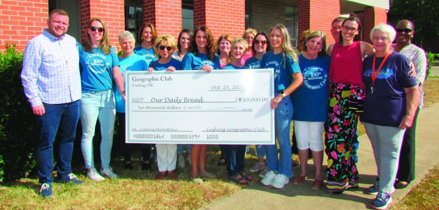 Cushing Geographic Club members through a partnership with local business man Geoff Beasley was able to donate $10,000 to the non-profit organization Our Daily Bread to support their efforts to create a sustainable option to combat food insecurity in Cushing.