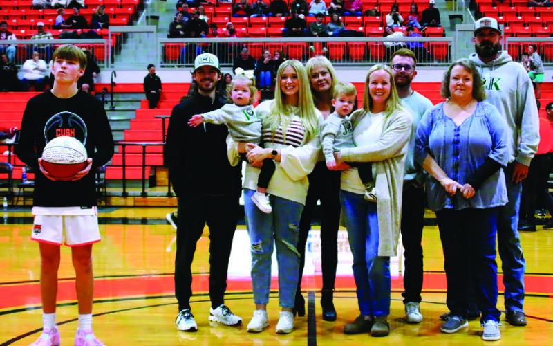 For their contributions to Cushing High School athletics,— most recently the fieldhouse scoreboard project, Joe and Kay Smith and family were recognized between games during last Friday’s homecoming. They are: Children Sharon Kerr and Patricia Niccum; grandchildren Ashley and Josh Thomas, Konnor and Caleb Lanker and Kris Niccum; great-grandchildren Casey Thomes, Haile Lanker and Boone Niccum.