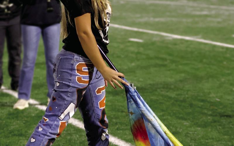 Color guard senior Mylee Risenhoover performs with the Tiger Pride during halftime.