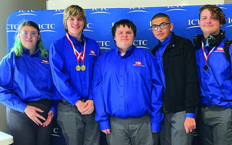 Cushing Technology Student Association (TSA) attended the Sequoyah County Technology Challenge this past Friday on Feb. 13. During the event Cushing TSA members Michael Wilson came in 3rd in the Coding Competition and Andrew Crum came in first in the Podcasting and On-Demand Video competitions. Group members who attended are pictured from left; Kaydence Williams, Andrew Crumb, Hunter Teston, Jesus Espinoza, and Michael Wilson.