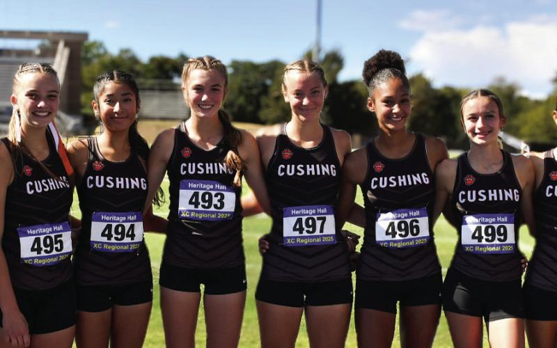 The Cushing Lady Tigers qualified for the OSSAA State Cross Country Championships last Saturday. They are from left, Head Coach Isaac Horton, Macie Townes, Yohali Medrano, Harli York, Emory Eyeler, Ava Roberson, Brylee Perry, Kendal Kelley and Assistant Coach Jessica Potter. Photo by Sarah Townes