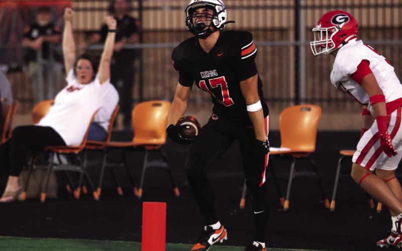 Kaden Pope celebrates his touchdown against Grove Friday. Photo by Sylvia Danyele