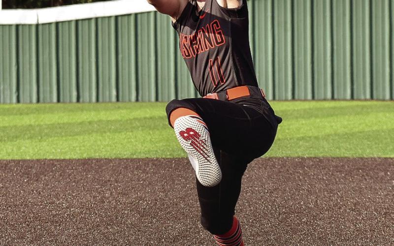 Tiger pitcher Macy Griffith pitched for 7 innings against Cleveland and struck out three batters.
