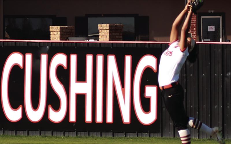 Makiah Shanklin makes a leaping catch last Thursday in the lady Tigers’ 13-3 drubbing of the Davenport Lady Bulldogs. Photo by J. D. Meisner