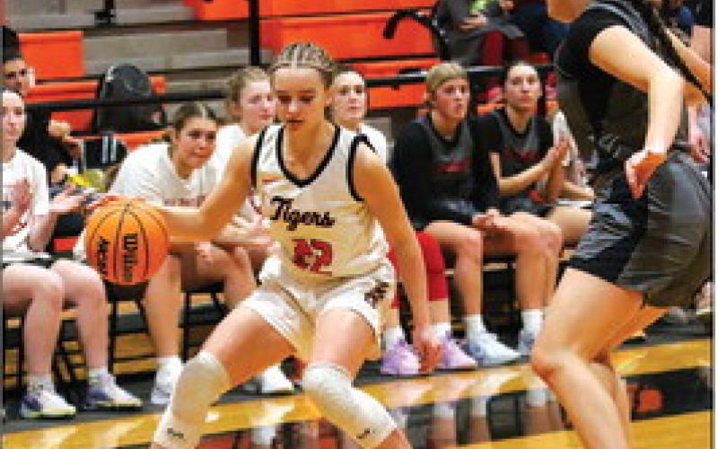 Lady Tiger Macie Townes works along the perimeter.