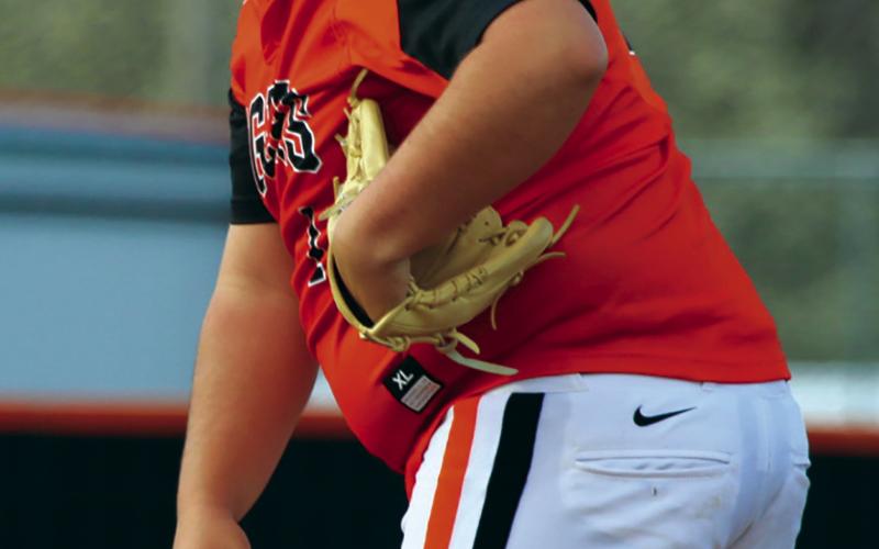 Tiger pitcher Rowdy Jackson becomes a character in The Sandlot as he gives a Jones base runner he stink-eye from the mound last Friday. Photos by J. D. Meisner