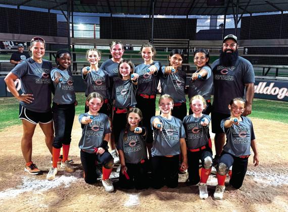 The 10U Cushing Lady Tigers finished 8-1 during league play and battled hard in the championship game, falling just short in a thrilling 3-4 contest to earn runner-up honors. They are, back row from left, Coach Leah Encinas, Riah Jackson, Harper Mitchell, Coach Lindsay Morgan, Saylor Dietz, Lily Vann, Collins Chavez, Valeria Cruz and coach Josh Encinas. Front row from left, Brynlee Morgan, Avery Grigg, Savy Martin, Nora Thomas and Khloe Encinas.