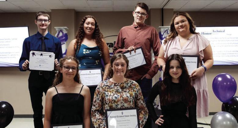 Right: Students at the Central Tech Sapulpa campus being inducted into the National Technical Honors Society. Back Rowfrom left, Noah Pykiet, Network Security and Administration, Glenpool; Victoria Castillo Smith, Cosmetology, Tulsa; Colton Walker, Criminal Justice, Bristow; Isabella Marie Johns, Cosmetology, Bristow; Front Row from left, Aubrianna Bardgett, Criminal Justice, Olive; Miranda Danielle Dorse, Pharmacy Technician, EPIC.
