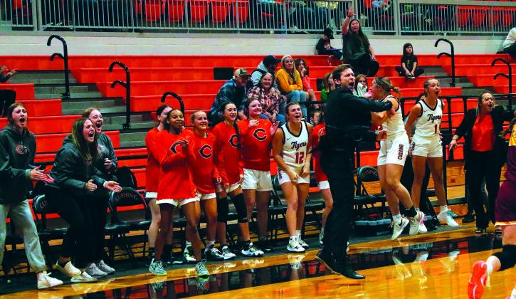The Lady Tiger bench along with head Coach Mason Baade erupts in cheers after Ella Nanaeto drains a late-game three to give Cushing the lead. Photo by J. D. Meisner