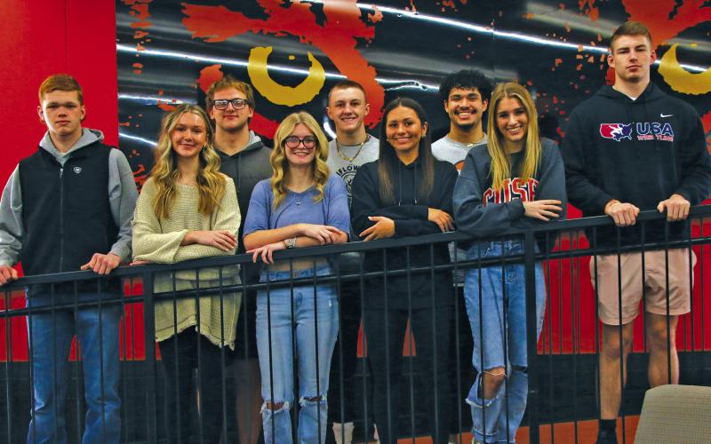 Cushing 2024 Wrestling Homecoming Court pictured from left, top row, King Candidates Kade Ralston, Andy Collier, and Carlos Moncada-Lopez. Bottom row, kid escort Levi Simpson, Queen candidates Aspen Evans, Trista Looper, Ava Babinec, and kid escort Tyler Hockett. Not pictured is King candidate Dalton Allen. Homecoming and senior night will both take place on Thursday, Feb. 1 at the high school gym. Photo by Allie Prater.