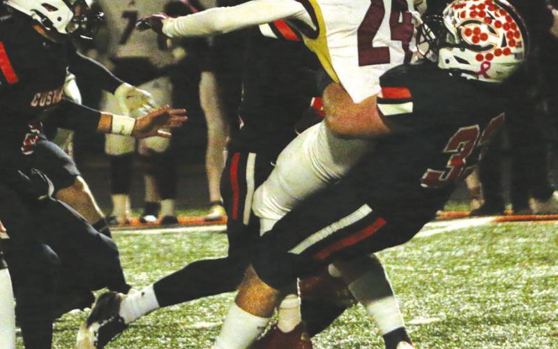 Linebacker Riley Matheson set up to suplex a hapless Blanchard ball carrier.