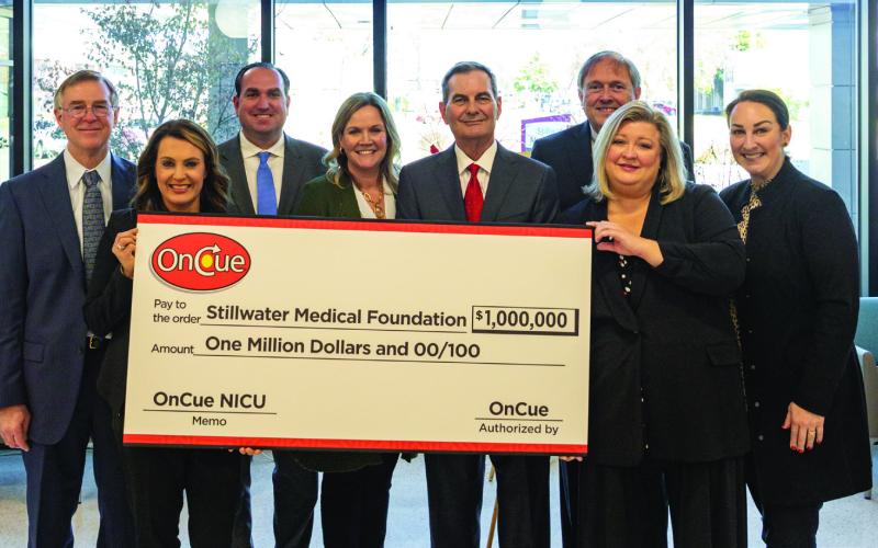 On Monday, December 19, Stillwater Medical Center announced that it had received a $1 million donation from On Cue to help fund a Neonatal Intensive Care Unit at its Stillwater Hospital. Pictured from left are Steve James, On Cue President Laura Aufleger, Tommy Shreffler, Denise Webber, Jim Griffith, Bob Palmer, Lisa Thomas and Stillwater Medical Center Foundation Executive Director Michal Shaw.