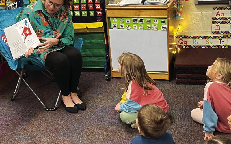 Dr. Melissa Amon reads to students in the Cushing Pre-K class on Thursday. Throughout the district, students, staff and administration celebrated Read Across America all last week. The program, created by the National Education Association encourages reading and celebrates children’s author Dr. Suess during the week of his birthday, March 2. Student’s had the opportunity to participate in various activities including the middle school student’s ‘Reader’s Theater’ production. Lower grades had dress up days s
