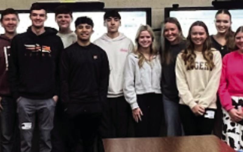 Pictured is the group of volunteering Cushing High School students who helped in the STEM literacy project that was spearheaded by Emma Howard (Back Row, From Left) Michael Cruz, Cason Brandon, Kale Robinson, Tyler Norman, Kanaan Guerrero, Madi Collier, Brittan Blakemore. (Front row, From Left):Tommy Rolfe, Korben Gaskins, Koda Chavez, Presley Elliott, Katelyn Powell, Emma Howard, Emilee Parson, Emery Turner, and Addie Beasely.