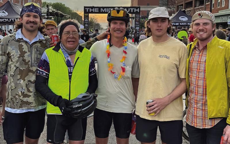 100 mile participants pose for a photo at the start line. Pictured from left, Cade Bauman of OKC, Tyson Branyan of Cushing, Nic Day of Stillwater, Brady Stokes of Cushing, Ben Stokes of Cushing. See story on page 3. Photo courtesy Tyson Branyan.