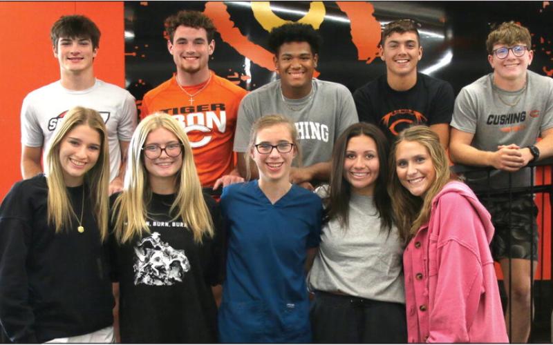 Cushing High School 2023 Football Homecoming court pictured from left, back row: Brady Matheson, Conner Morlen, Lonnie Schuler, John Hilligoss, and Carl Peterson. Front row: Ava Babinec, Aspen Evans, Kaylin Beitz, Trista Looper, and Lauren Kimmel. Homecoming will be Friday, Sept. 22 at 6:30 p..m. at O’Dell Field with kickoff to follow. Photo by Allie Prater
