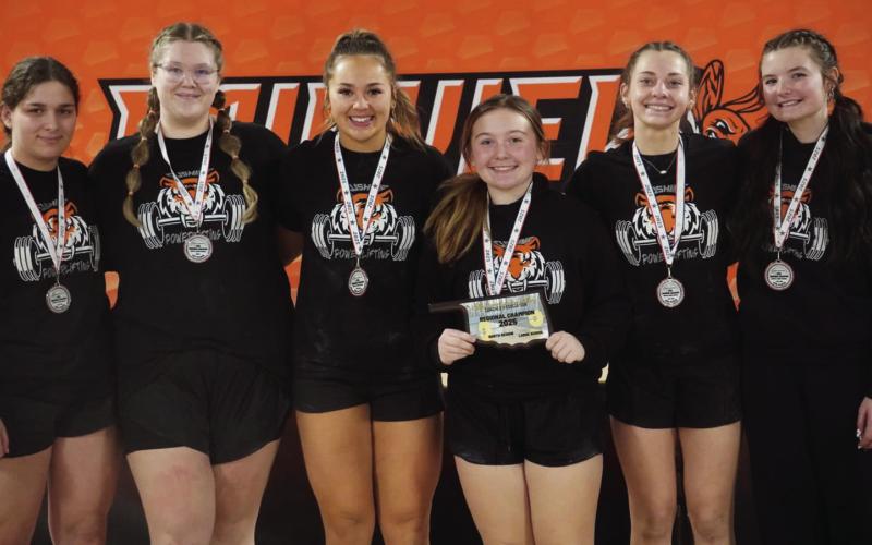 The Cushing Lady Tigers Powerlifting team competed in regionals on Monday, Feb. 25 in Fairview. They were named overall 2025 North Region Team Champions. Pictured are the high school athletes who placed and qualified for state in their weight classes — Matti Terrell earned 2nd, Zoie Ledgerwood earned 1st, Avalee Lidberg earned 4th, Faith Kessler earned 2nd, Averi Harper earned 2nd, and Avery Dooley earned 1st.