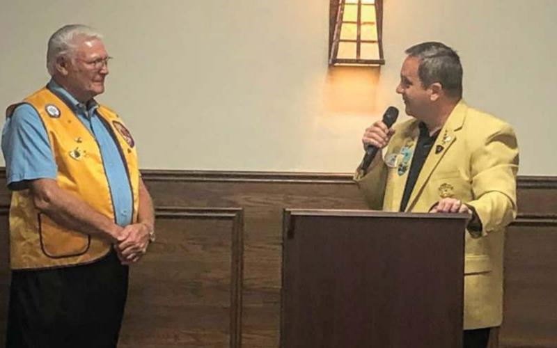 District Governor Rob Bodick, of Ponca City, installs Russell Thurman as Cushing Lions Club President President, during a ceremony held at the Fechner Event Center on Sept. 17
