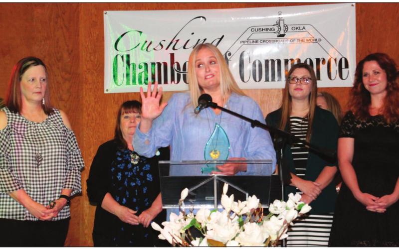 Kerri Marks and members of the staff from Hillcrest Hospital Cushing, accepted the award for large business of the year.