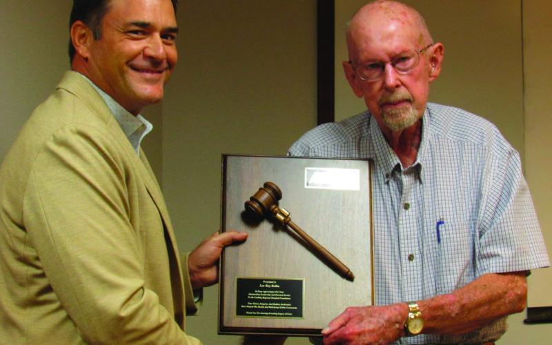 Current Foundation President Matt Turner presented recently retired president Lee Roy Kalka with an appreciation plaque for outstanding leadership and devoted service to the Cushing Regional Hospital Foundation during a ceremony held on Aug. 19 at the Cushing Hillcrest Hospital. Photo by DeAnna Maddox.