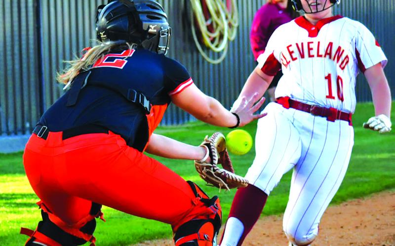 Lady Tiger Catcher Faith Kessler makes a play protecting home plate. The Lady Tigers are hosting the district tournament this week in Cushing. Photos by Sarah Townes