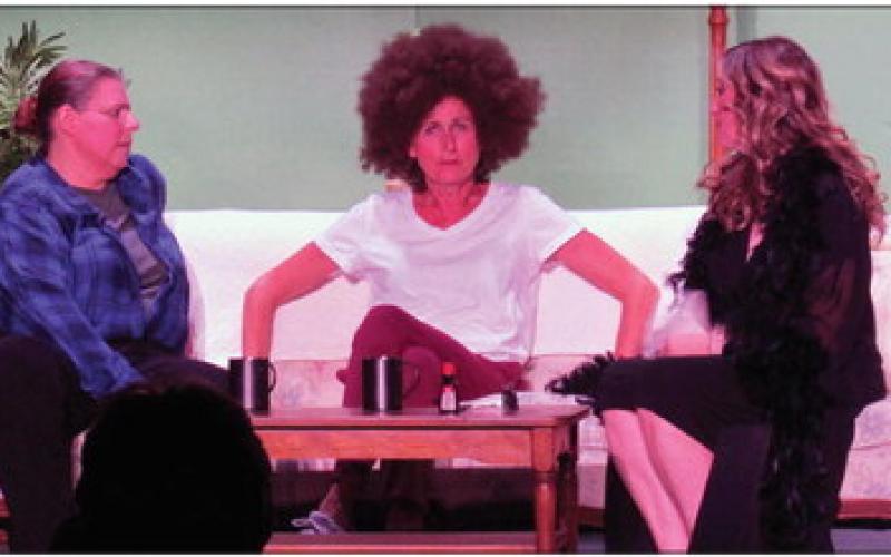 Linda Swanner, Lisa Stevens, and Regina Brown as the Verdeen-cousins in “The Red Velvet Cake War” rally together to put on the best family Verdeen family reunion and come up with a scheme to make the best red velvet cake to rival their Aunt LaMerle played by Michele Music. Photos by DeAnna Maddox