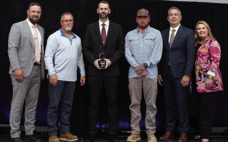Crossland Construction was named by Central Tech as their 2025 Partner in Progress during the annual celebration at the Hilton Garden Inn in Edmond. Pictured from left, Brent Haken, ODCTE State Director; Mike VanSandt, Central Tech Construction Trades Instructor; Casey Chesser, Crossland Construction Talent Acquisition Manager; Curtis Miles, Crossland Construction Assistant Superintendent; Kent Burris, Central Tech Superintendent; Skye McNiel, OkACTE Executive Director.