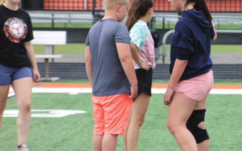 Ashlynn Arnce coaches her team through scrimmages during the 2022 Cushing Tiger Soccer Camp. Photo by Kaleb Tadpole.