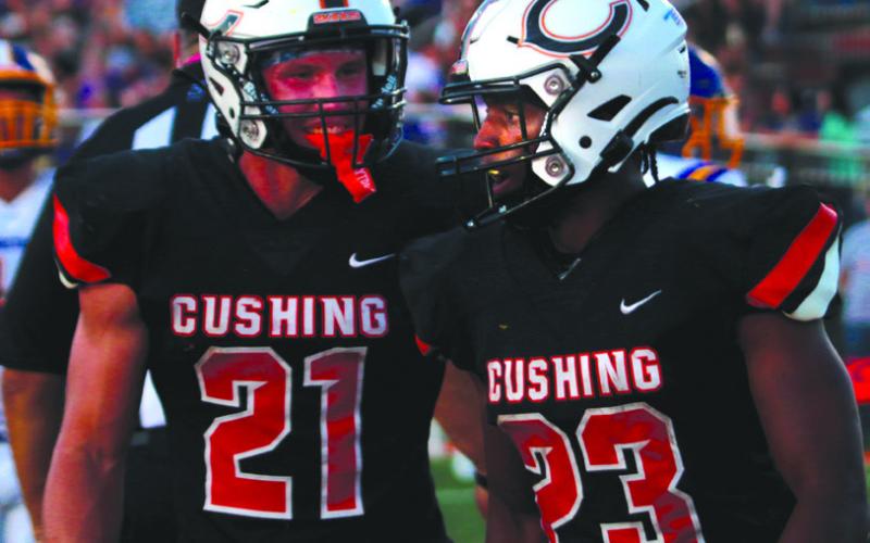 Camden Crooks and Noah Jones celebrate after Noah Jones scored his third touchdown of the night on a 38-yard run up the middle. Despite being double and triple teamed, Crooks had a solid night with 3 catches for 74 yards and a kick return for a touchdown.