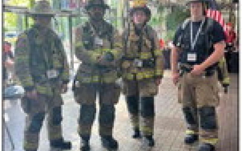 Before and after pictures of Drumright Fire Department members Lucas Andrews, Jamey Martin, Chesney Jones, and Mychael Medlock participated in the OKC 9/11 Memorial Stair Climb. Photos courtesy of Drumright Fire Department.