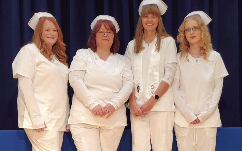 Central Tech Practical Nursing graduates crossed the stage Tuesday, March 31, and are now preparing for their NCLEX exam as they advance their careers in healthcare. Pictured L-R: Samantha Hughes, Stillwater; Cassandra McDaniel, Cleveland; Britney McKenzie, Cleveland; Cora Sharp, Cushing.