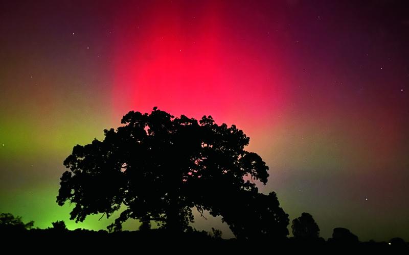 Our sun experienced a coronal mass ejection Thursday, a phenomenon that occurs regularly, in varying levels of intensity, where the sun emits a large cloud of energy and charged electrons into space. Thursday’s event threw a large mass of energy toward Earth and when these particles came into contact with Earth’s magnetic field, they lit up the skies with the Aurora Borealis as far south as Oklahoma as evidenced in this photo, taken Sunday night, southwest of Cushing. Photo by MaryLee Meisner