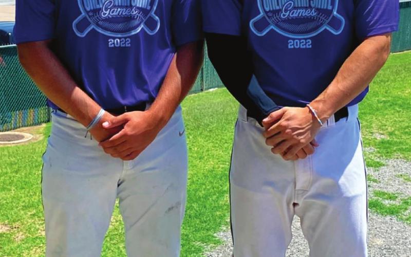 Brody Berlowitz and Jake Horn represent Cushing baseball at the 2022 Oklahoma State Games at David Allen Memorial Ballpark in Enid, Oklahoma.