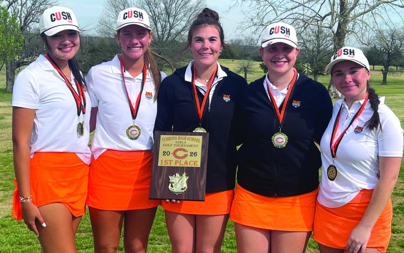 The Cushing Lady Tigers golf team stand together holding their first place plaque following the Lady Tigers home invitational Monday, March 23 at Buffalo Rock Golf Course and Event Venue. Pictured from left, Addisyn Fields, Brinlee Bickell, Gracyn Presley, Ayla Britt, and Ashlyn Floyd. The Lady Tigers had three top 10 finishers and are now ranked No. 10. See inside for more. Photo by Dena Floyd.