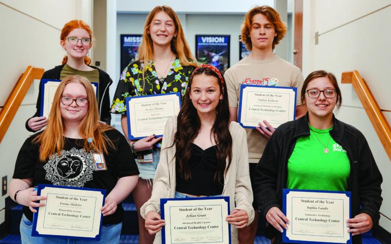 Congratulations Central Tech Students of the Year, Drumright campus morning students. (L to R) Rebekah Beasley, Pre-Engineering, Cushing; Presley Thomas, Algebra II, Ripley; Nathan Endicott, Automated Robotic Technology, Cushing; Emma Shideler, Human Body Systems, Cushing; Jyllian Grant, Advanced Health Careers, Cushing; Sophia Landis, Automotive Technology, Cushing.