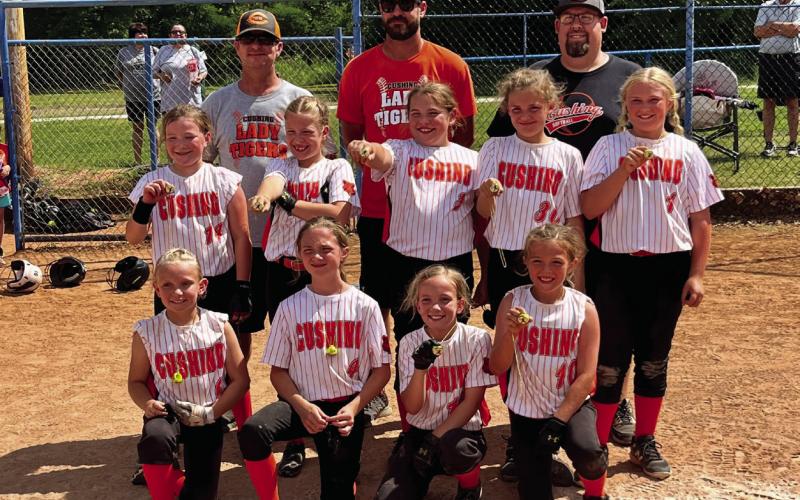 The Cushing Lady Tigers 9U team won the 2023 Lincoln County 10U tournament. The Lady Tigers from left. Coaches: JJ Scott, Jake Westmoreland, Aaron Hubbard. Back row: Brylee Thompson, Hadlea Westmoreland, Abigail Murie, Brenna Hubbard, Brooklyn Burns. Front row: Adley Scott, Natalie Wood, Ainsley Scott, Halle York.