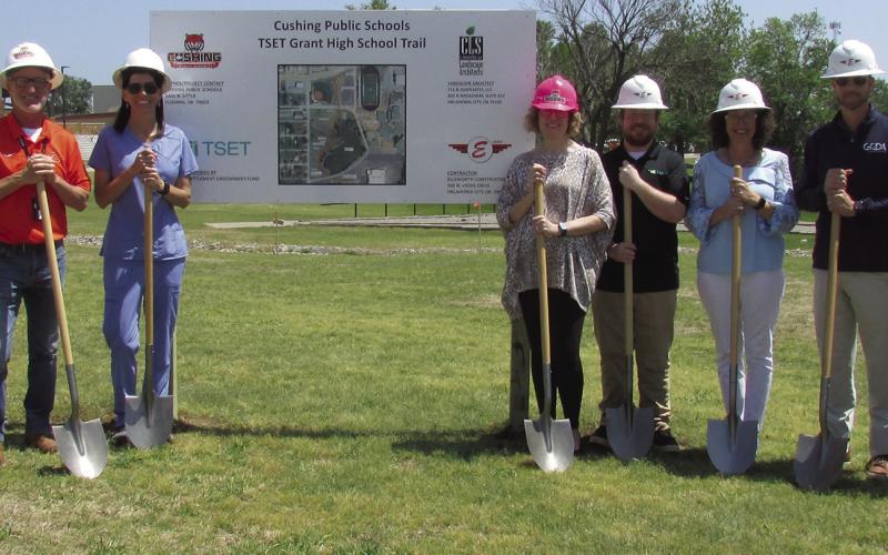 Leadership from Cushing Public Schools, the City of Cushing, TSET, and Ellsworth Construction met on April 30 to officially break ground on Phase I of the Tiger Trail. The TSET grant-funded, city-partnered Tiger Trail will be completed in three phases each estimated to take three months with a completion time scheduled for December of 2025. Photo by DeAnna Maddox
