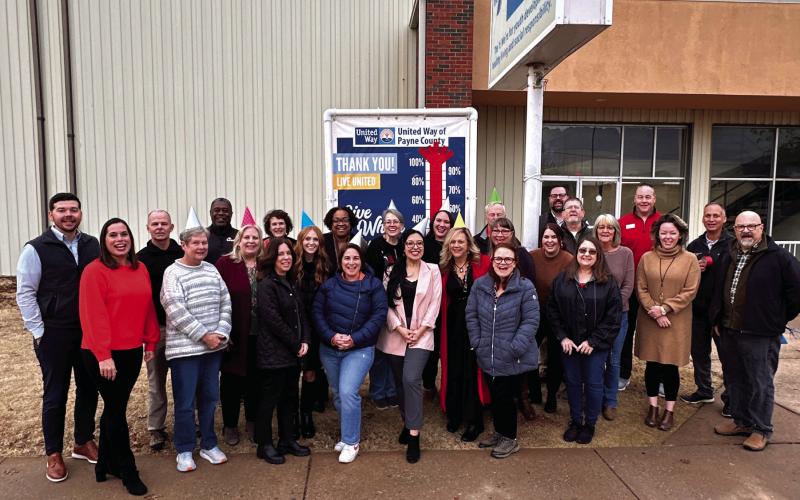 United Way of Payne County Executive Director Ruth Cavins and co-chair of United Way’s Annual Campaign Matt Thomas and his wife Debbie gathered with UWPC board members, staff, representatives of some of UWPC's board members, Stillwater Mayor Will Joyce and OSU Police Chief Leon Jones as Gary Teel of Simmons Bank filled the final ten percent of the $1 million goal thermometer on Thursday, Dec. 14 at the Stillwater YMCA.