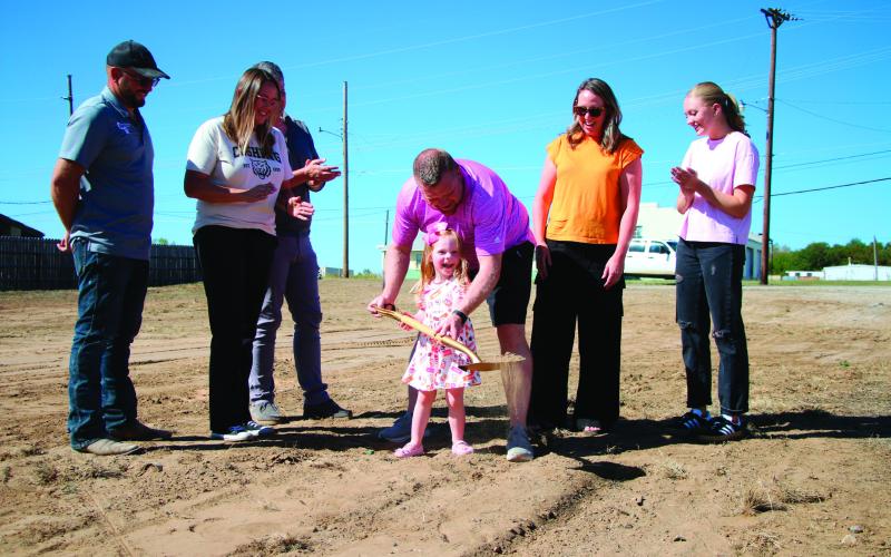 Lilah Beasley got a little help from her dad — Geoff Beasley to break ground at the future Dunkin Donuts building site. Geoff and Dawn Beasley alongside their daughters Lilah and Addy were at the location on Monday, Sept. 30 with friends and team members for the groundbreaking ceremony. Cushing Chamber of Commerce offi cials hosted a live feed on social media in which Geoff said the initial plan is to have the business up and running by May. CR Construction is contracted on the building and Brandon Wolff wi