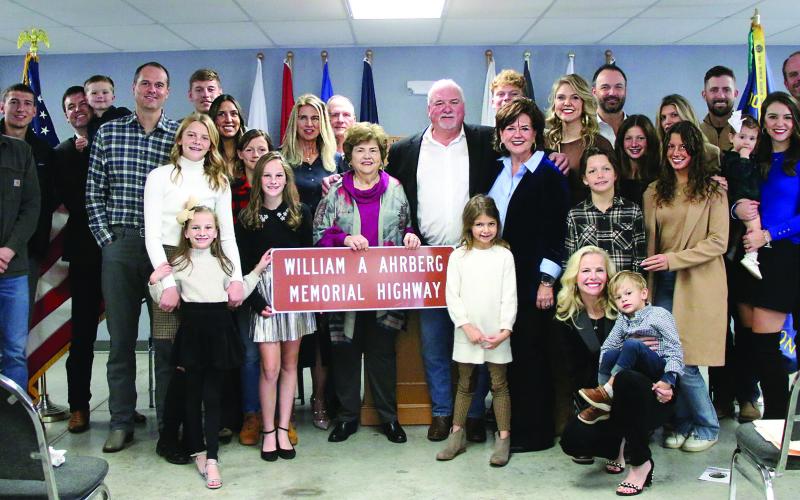 Four generations of Ahrbergs stand together at the highway dedication ceremony held at the Cushing American Legion Hall. Two miles of State Highway 33 from SH-18 North were dedicated Col. William A. Ahrberg on Saturday, Nov. 18. Photo by Allie Prater