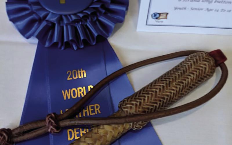 The text message picture Cargill received of her quirt and ribbon when she won the 14-18 youth division at the 2023 World Leather Debut.