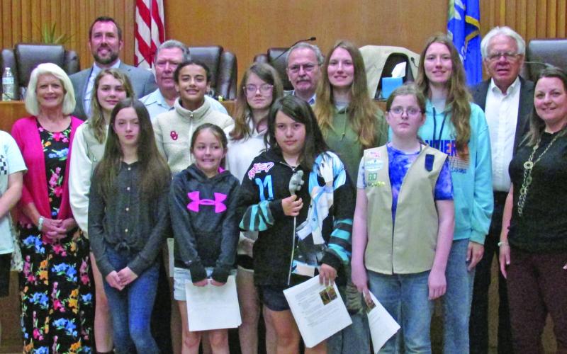Members of the Girl Scouts of Eastern Oklahoma Troop #79 and Troop #790 came to the City of Cushing Board of Commissioners meeting on Monday, April 19 where they were recognized for leadership skills. The troop members had previously come to City Hall to discuss and deliberate on a realistic scenario that commissioners may face with City Manager Terry Brannon and scout leaders overseeing. Photo by DeAnna Maddox