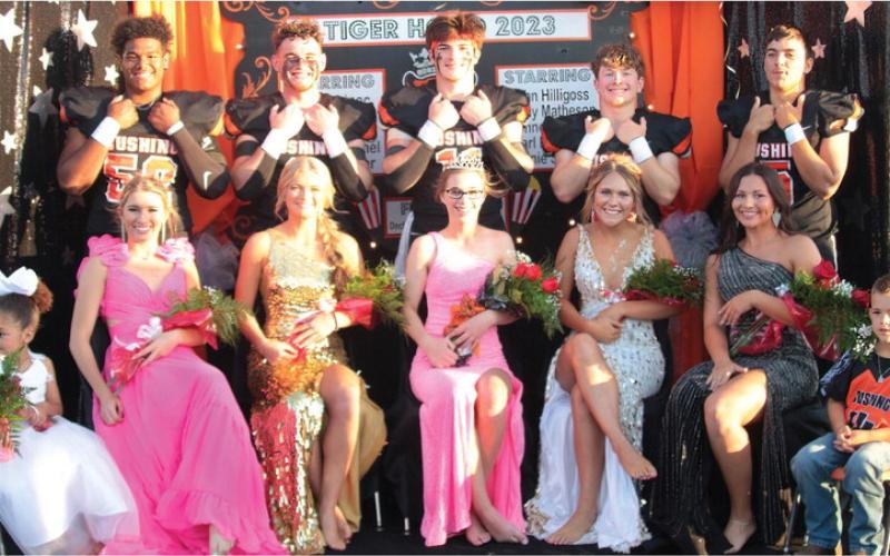 The 2023 CHS Football Homecoming Court is made up of back row from left,Lonnie Schuler, Connor Morlan, King Brady Matheson, Carl Peterson and John Hilligos. Front row from left, Flower girl, Journey Schuler, Ava Babinec, Aspen Evans, Queen Kaylin Beitz, Lauren Kimmel, Trista Looper and Decklan Owens. Photos by J.D. Meisner.