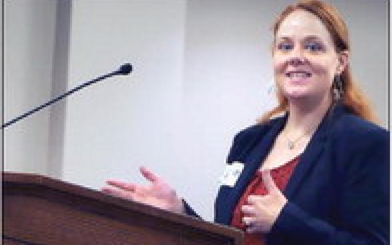 Cushing High School Science instructor Dr. Jessica Sigle presents the use of funds plan to the OAC members on Aug. 9. According to district officials, Sigle was the spearhead behind getting the OAC funding allowing the aeronautics elective to take off at Cushing High School.