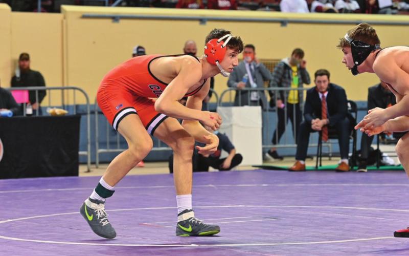 State camp Luke Ahrberg square’s off against Tuttle’s Hayden Brwn in the OSSAA State 4A wrestling final. Ahrberg shut out Brown 3-0 to claim the title.