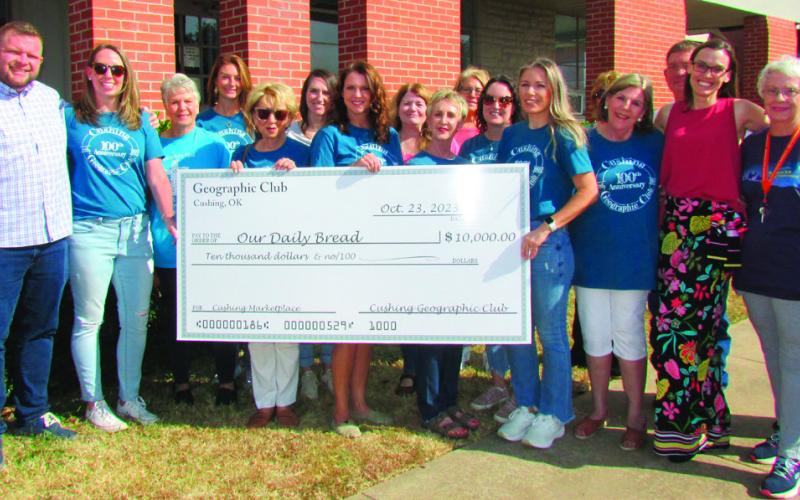 Cushing Geographic Club members through a partnership with local business man Geoff Beasley was able to donate $10,000 to the non-profit organization Our Daily Bread to support their efforts to create a sustainable option to combat food insecurity in Cushing.
