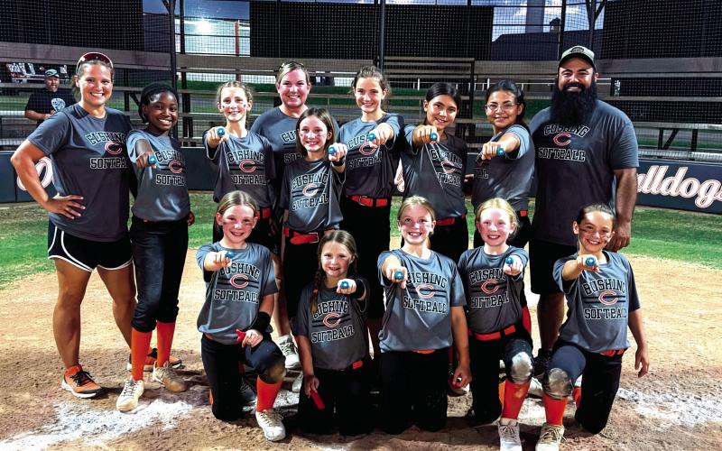 The 10U Cushing Lady Tigers finished 8-1 during league play and battled hard in the championship game, falling just short in a thrilling 3-4 contest to earn runner-up honors. They are, back row from left, Coach Leah Encinas, Riah Jackson, Harper Mitchell, Coach Lindsay Morgan, Saylor Dietz, Lily Vann, Collins Chavez, Valeria Cruz and coach Josh Encinas. Front row from left, Brynlee Morgan, Avery Grigg, Savy Martin, Nora Thomas and Khloe Encinas.