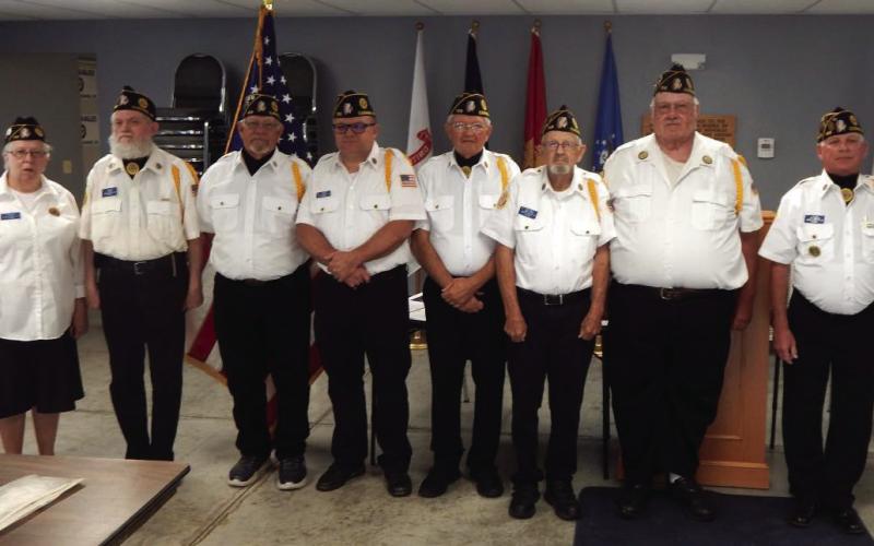 The American Legion Post 108 recently named new officers for the 2025-26 term. They are from left, Evelyn Ferchau, Historian; Delwyn Mayo, Chaplain; Tim Potter, Sergeant at Arms; Sean Martin, Adjutant; Don Tyson, Second Vice Commander; Robert Howell, Finance Officer; Leon Sullivan, Vice Commander and G. W. Davis, Commander.