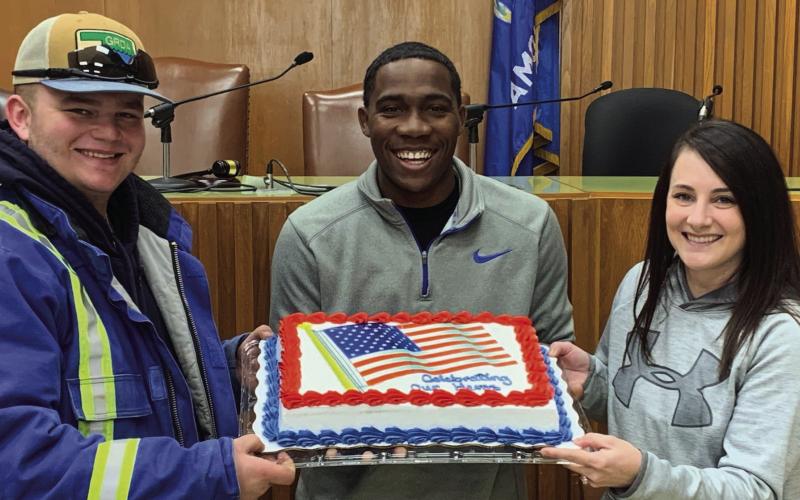 Cushing employees — Taegan Biswell with power distribution, Daniel Bishop with street services, and Sara Reynolds with the police department are deploying to Africa for military duty. City staff hosted a a Hero’s Celebration in their honor.